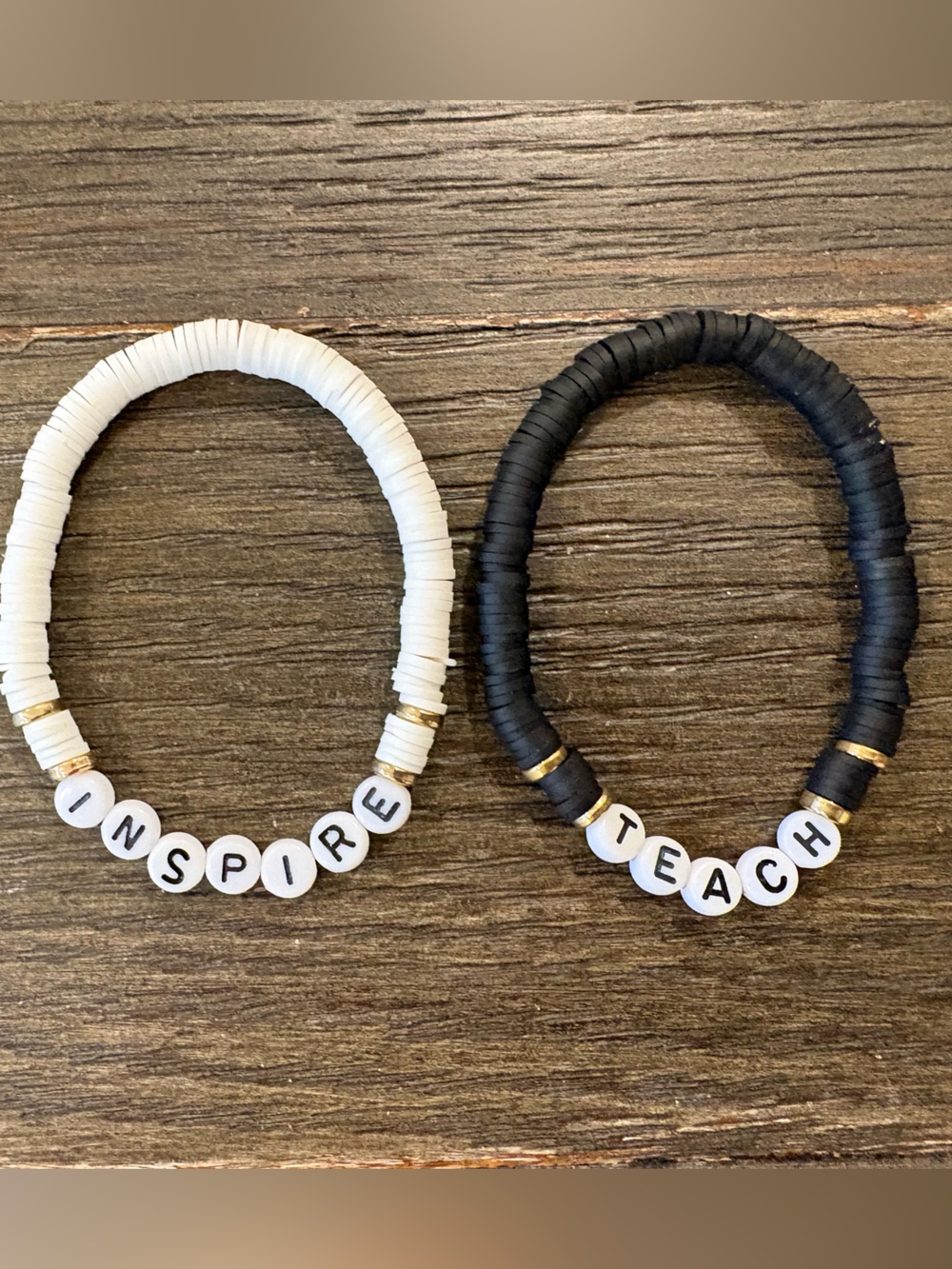 Handmade Inspire & Teach Stretch Bracelet Set - Black and White